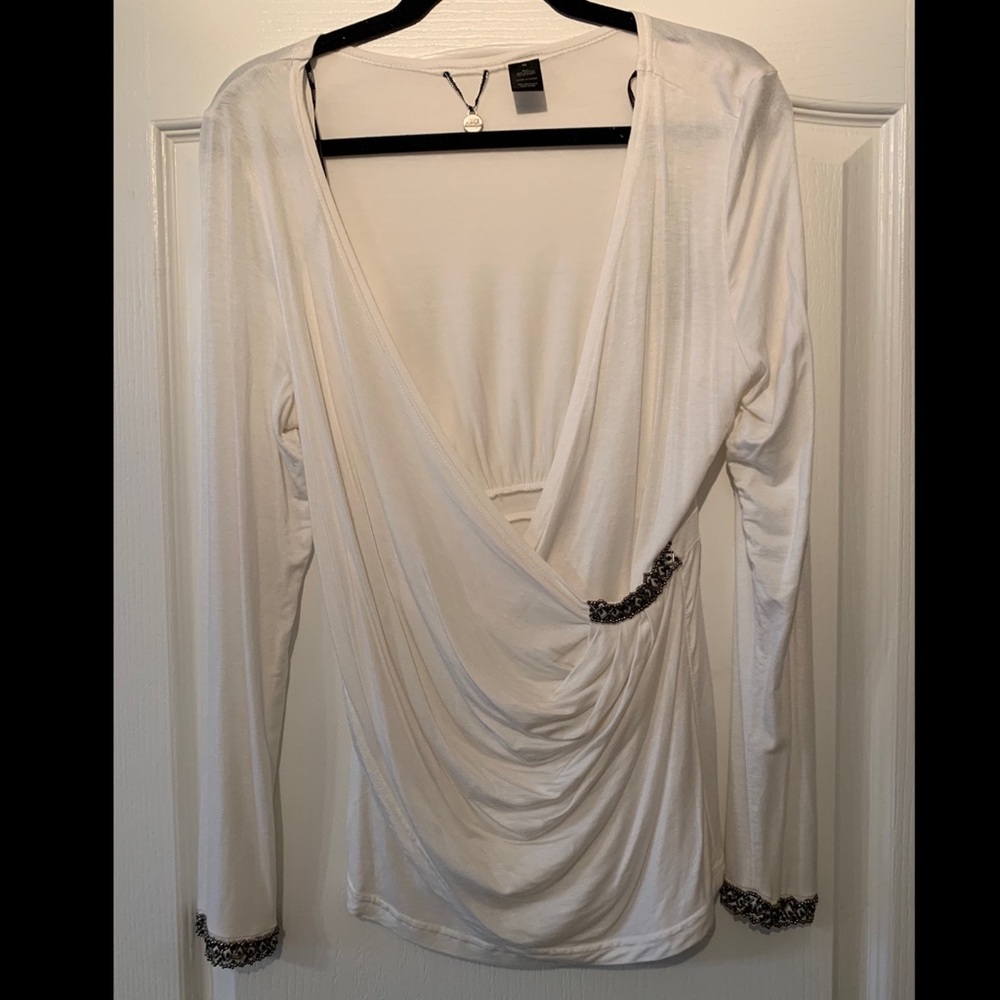 BKE v neck ruched white top with beading details